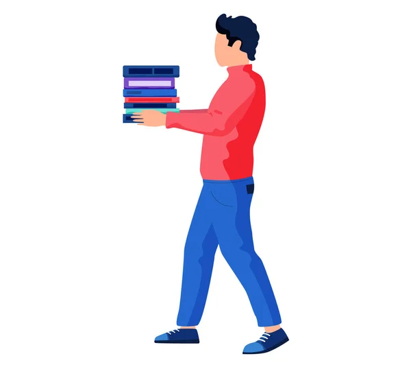 Homem Segurando Pilha Livros Educacionais Nas Mãos Estudante Carregando Enorme — Vetor de Stock