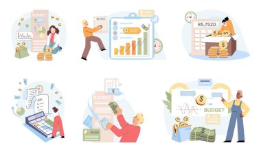 Kişisel ya da kurumsal bütçeyi, nakit gelirini ve maliyetlerini analiz eden bir grup insan. Mali muhasebe kavramı ve mali gelir ve gider raporlarının hesaplanması, varlıklar, sermaye, kazançlar