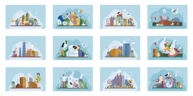 Atık kirliliği seti. Kirlenme farkındalığı ekolojik çevre konsepti endüstriyel ve ev idaresi atığıyla sabitlenmiş düz bileşimler. Kirli şehirde çöp tenekesini reddet. Ekoloji, doğa sorunu