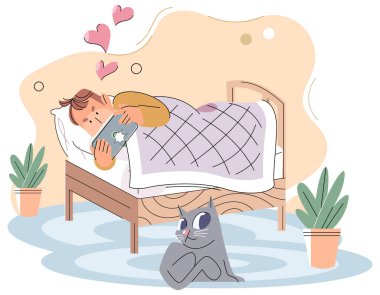 Akıllı telefon bağımlılık konsepti çizimi. Genç adam internette yatakta yatarak zaman geçiriyor. Evde telefon bağımlısı bir adam var. Adam sosyal ağda iletişim kuruyor, sohbet ediyor ya da video izliyor.