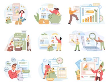 Kişisel ya da kurumsal bütçeyi, nakit gelirini ve maliyetlerini analiz eden bir grup insan. Mali muhasebe kavramı ve mali gelir ve gider raporlarının hesaplanması, varlıklar, sermaye, kazançlar