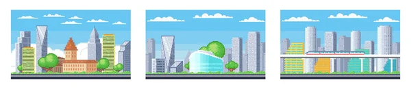 Stadsbyggnader Downtown Pixelated Stadsbild Set Landskaps Skyline Stadsdelen Silhuett Från — Stock vektor