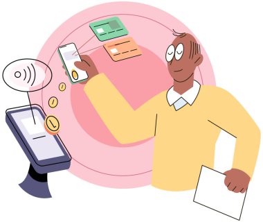 Mobil ticaret konsepti. Adam internetteki cep telefonu uygulamalarından ürün alıyor ve satın almaları kredi kartıyla ödüyor. Çevrimiçi alışveriş ve e-ticaret, finans ve terminalden ulaşılamayan ödeme