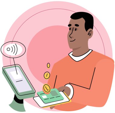 Mobil ticaret konsepti. Adam cep telefonu uygulamalarından online mağazadan ürün satın alıyor ve terminalden çıkış yaparken kredi kartıyla satın alıyor. Çevrimiçi alışveriş ve e-ticaret, finans ve ödeme