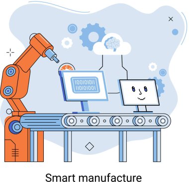 Otomatik üretim bandı olan akıllı üretim metaforu. Yenilikçi çağdaş akıllı endüstriyel ürün tasarımı, dağıtımı, insanlar, robotlar ve makineler, taşıyıcı montaj hattı