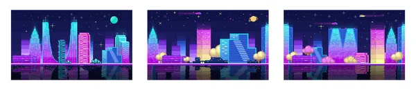 Retro Videojáték Pixelart Város Űrtapéta Jelenete Futurisztikus Város Pixel Művészet — Stock Vector
