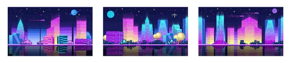 サイバーパンク ネオンの夜 ピクセルアートのスタイルで未来的な街のシーン ピクセルアートゲームの背景 サイバーパンクの街の街 ピクセルアートは 高層ビルと夜の街並みのイラストをセットしました — ストックベクタ