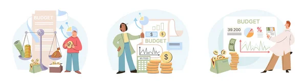 人员分析预算 计算财务计划 节约收入和费用管理 家庭预算规划在危机中 货币经济银行问题融资 成本和收入平衡 生活费用 — 图库矢量图片