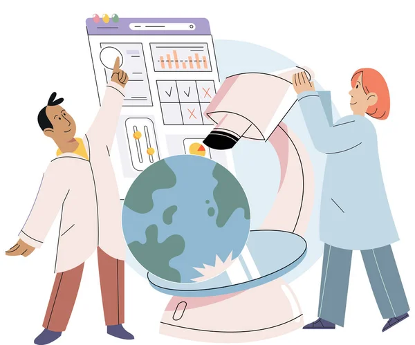 Scientist Conducts Research Study Planet Earth Makes Experiments Determine Level — Stock Vector