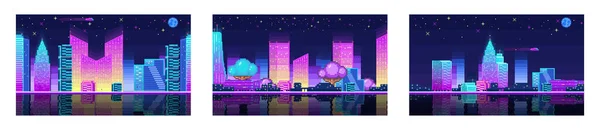 高層ビルのシルエットと暗い空の星と夜の都市景観ネオンピクセルの背景 現代の高層ビルとビデオゲームデザインピクセルの夜のピクセル化された夜の街並みネオン — ストックベクタ
