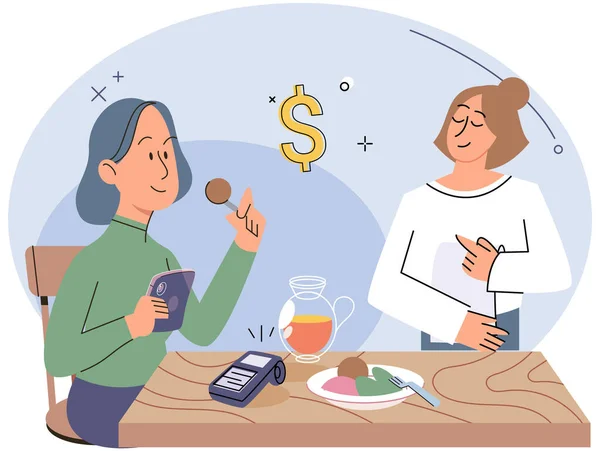 Cashless Betaling Mobiele Telefoon Het Café Klant Betaalt Voor Lunch — Stockvector