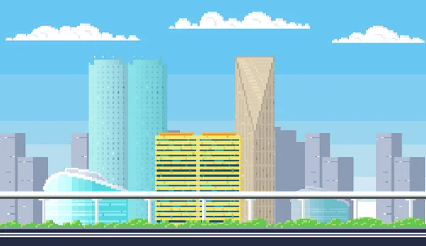 Edifici Cittadini Paesaggio Urbano Pixelato Del Centro Città Scenario Skyline — Vettoriale Stock
