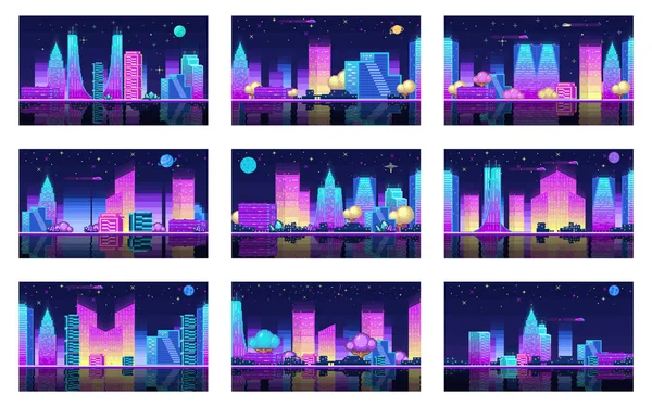 Επική Scifi Pixel Neon Πόλη Νύχτα Pixel Τέχνη Νέον Νύχτα — Διανυσματικό Αρχείο