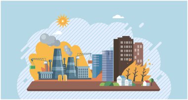 Dünya gezegeni duman, plastik, çöp içinde. Zehirli hava kirliliği. CO2 'nin sera etkisi. Dünya 'yı yok etme sebepleriyle. Şehrin yakınındaki ormanda yangın çıktı. İklim değişikliği döngüsü kurumuş ya da kuru çatlak arazi