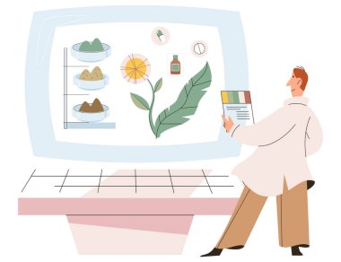 Bitkisel ilaçlar ve bitkilerle ilgilenen erkek bilim adamı ile alternatif homeopati konsepti. Doğal ürünlerle organik tedavi unsurları, bitki eczanesi, gıda takviyesi ve temel yağlar