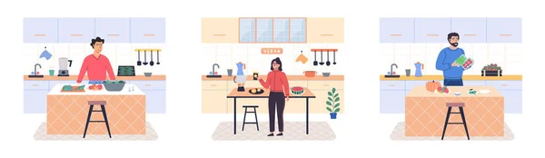 Lidé Vaří Vegetariánské Jídlo Vektorová Ilustrace Žena Připravuje Salát Kuchyni — Stockový vektor