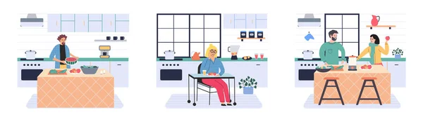 stock vector People cooking vegetarian food. Vector illustration. Fresh and healthy food. Vegetarian nutrition. Man woman dining, eat food and bake. Happy culinary. Lady at stove alone. Salad in vegetable bowl