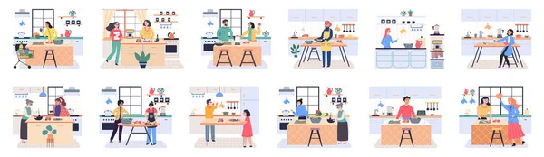Les Gens Cuisinent Des Plats Végétariens Illustration Vectorielle Cuisine Maison — Image vectorielle