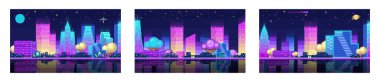 Gece şehri manzarası neon piksel arka planı, uzun binalar silueti ve yıldızlarla dolu. Şehir küçük piksellerden oluşur, modern teknolojinin kullanıldığı akıllı bir şehir. Pikselleştirilmiş gece şehri manzarası neonu