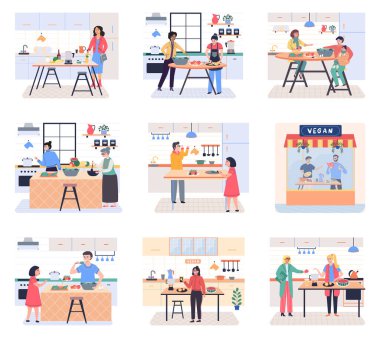 İnsanlar vejetaryen yemeği pişiriyor. Vektör çizimi. Şef aşçılar mutfak masasında aşçı elleri hazırlıyorlar. Yemek ve çatal bıçak üreten insanlarla. Yemek ve yemek afişi. Sebze pişirme