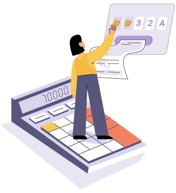 Adam mali geliri hesaplıyor. Planlama bütçesi, denetim. Para biriktir ve yatırım yap. Büyük hesap makinesi, gelirleri saymak için madeni paralar. Nakit kazanç ve servet. Ekonominin başarısı ve ticaretin büyümesi