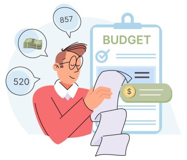 Bütçenin hesaplanması ve planlanması, kişisel ya da kurumsal finans yönetimi. İş karını analiz eden kişi, finans faturası. Muhasebe ve para kavramı. Gelir ve giderler sayılıyor