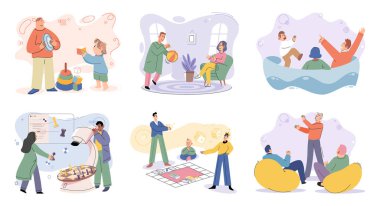 Birlikte oynayın. Aile eğlencesi. Arkadaşlık zamanı. Vektör çizimi. Masa oyunları insanlara etkileşim, iletişim ve arkadaşlıktan zevk alma platformu sağlar.