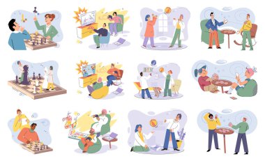 Birlikte oynayın. Aile eğlencesi. Arkadaşlık zamanı. Vektör çizimi. Paylaştığımız oyun tecrübeleriyle oluşan arkadaşlığımız gerçekten özeldi. Oyun oynayarak ve yaratarak mutlu olurduk. Mutluyduk.