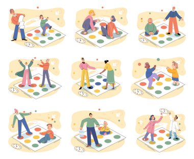 Birlikte oynayın. Aile eğlencesi. Arkadaşlık zamanı. Vektör çizimi. Masa oyunları insanlara etkileşim, iletişim ve arkadaşlıktan zevk alma platformu sağlar. Arkadaşlık ruhu parlar.