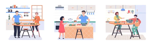 Die Leute Kochen Vegetarisches Essen Vektorillustration Mann Und Frau Mit — Stockvektor