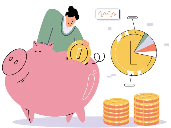 Woman Puts Money Piggy Bank Coins Dollar Bills Concept Banking — Stock Vector