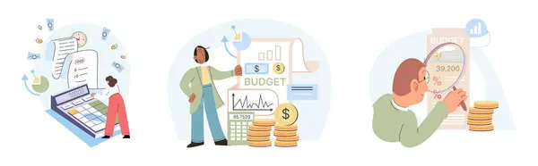 Бюджет Анализа Людей Рассчитать Финансовый План Экономии Доходов Расходов Анализ — стоковый вектор