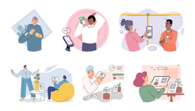 Nakitsiz ödeme. Vektör çizimi. Mobil nakitsiz ödemeler, faturaları bölüşmek veya çevrimiçi ödeme platformları yapmak için kolaylık sunar.