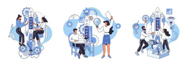 Takım çözme karmaşık problemleri. Takım çalışması vektör çizimi metaforu. Çözüm, problem kavramını çözer. İş ekibi, başlangıç liderliği toplantısı, denetim fikri, işe alma, koçluk konularını tartışıyor.