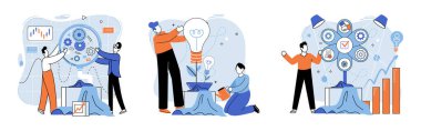 Team solving complex problems. Teamwork vector illustration metaphor. Miniature scene of workers trying to solve problem Teamwork solve problem, strategy plan to work together for success concept clipart