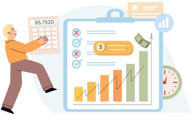 Bütçe web konsepti analiz ediliyor. Finansal verileri analiz eden ve kişisel ödemeleri planlayan bir adam. Denetleme ve finans yönetimi. Sermaye büyümesi, yatırım sistemi, iş geliştirme