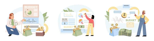 Mensen Analyseren Budget Bereken Het Financiële Plan Van Besparingen Inkomsten — Stockvector