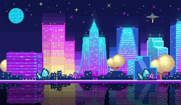 夜晚城市景观霓虹灯象素背景与高楼轮廓和夜空中的星星 具有现代摩天大楼的视频游戏设计像素夜间节拍点缀夜景霓虹灯 — 图库矢量图片