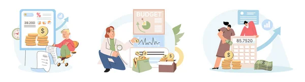 Mensen Analyseren Budget Bereken Het Financiële Plan Van Besparingen Inkomsten — Stockvector