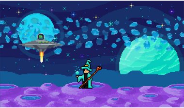 Uzay keşfi illüstrasyonu, fantezi uzaylı manzarası. Çizgi film pikseli sanat arkaplanı. Yatay kozmik pankart. Başka bir gezegen konsepti. Küresel yıldız nesneleri evreni. Oyun için pikselli konum