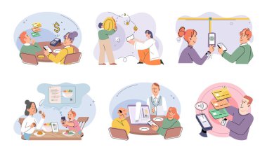 Nakitsiz ödeme. Vektör çizimi. Çevrimiçi perakendeciler genellikle nakit ödeme seçeneklerini seçmek için teşvikler veya indirimler sunarlar. Temassız ödeme teknolojisi kısa menzilli kablosuz