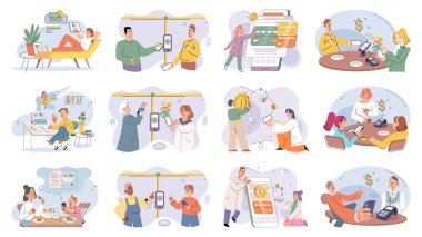 Nakitsiz ödeme. Vektör çizimi. Çevrimiçi alışveriş platformları genellikle çeşitli nakit ödeme seçenekleri sunar. Taşınabilir nakitsiz ödemelerle, satın almak için ödeme yapabilirsiniz.