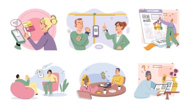 Nakitsiz ödeme. Vektör çizimi. Cep telefonu nakitsiz ödemelerle, fiziksel paraya gerek kalmadan satın alabiliyorsunuz. Tedbirsiz ödemeler genellikle küçük günlük alışverişler için kullanılır.