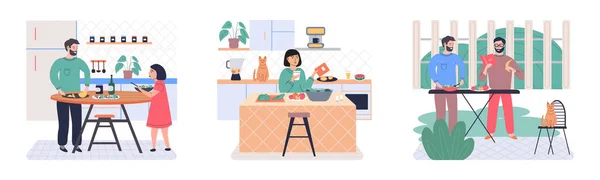 Lidé Vaří Vegetariánské Jídlo Vektorová Ilustrace Žena Připravuje Salát Kuchyni — Stockový vektor