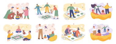 Birlikte oynayın. Aile eğlencesi. Arkadaşlık zamanı. Vektör çizimi. Masa oyununa dahil olmak diğerleri ile bağ kurmak ve eğlenmek için mükemmel bir yoldur. İnsanlar birlikte oyunlar oynarlar. Arkadaşlık ve dostluk duygusunu teşvik ederler.