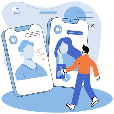 Sanal toplantı, online takım çalışması. Video konferansına katılan bir grup iş arkadaşı ya da arkadaşla akıllı telefon. Video konferans ve çevrimiçi iletişim için yazılım. Çevrimiçi kafatası oturumu, webinar