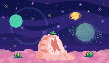 Space exploration illustration, fantasy alien landscape. Cartoon pixel art background. Horizontal cosmic banner. Another planet concept. Universe of spherical star objects. Pixelated location for game clipart