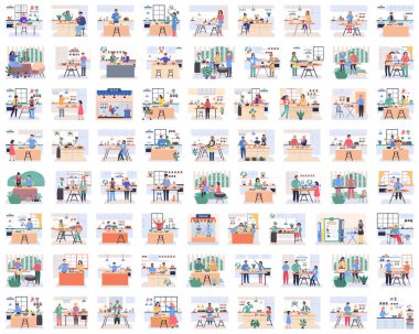 İnsanlar vejetaryen yemeği pişiriyor. Vektör çizimi. Kadın salata hazırlıyor, yemek yiyor. Taze sebzeler, organik yiyecekler, doğal ürünler. Küçük, rahat bir mutfakta ev yapımı yemekler pişirmek. Büyük set