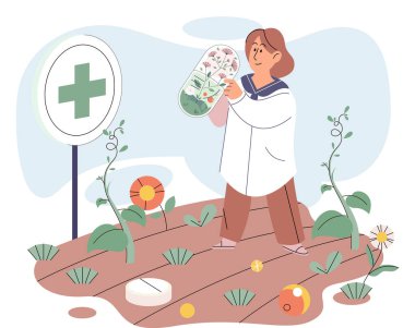 Bitkisel ilaçlar ve homeopati sağlık ve sağlık hizmetleri. Bilimadamı bahçe yatağında yaprak toplayan tıbbi bitkiler yetiştiriyor. Çiçeklerin ve şifalı bitkilerin iyileştirici gücünü kullanarak. Organik tedavi ve aromaterapi