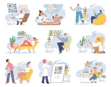 Nakitsiz ödeme. Vektör çizimi. Güvenli işlemler için kablosuz ödeme sistemleri yetkisiz erişimi önlemek için temassız ödeme kartları gömülü NFC çipi ile donatılmıştır